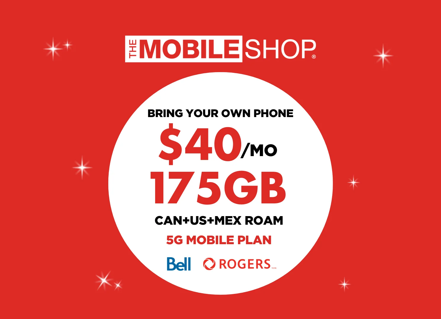 White President's Choice Financial logo above a white circle on a red background containing "175 GB FOR $40/MO with select carriers".